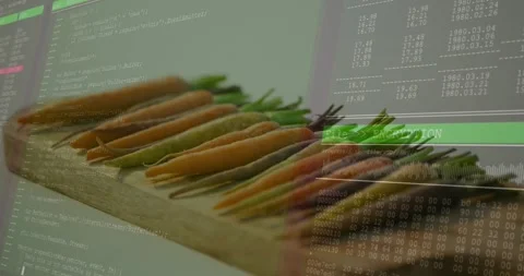Translucent overlay sliding in after one-second, covering carrots while hand Stock-Footage 323384779