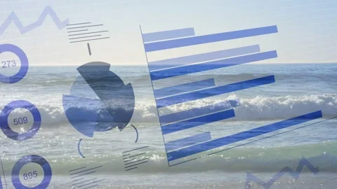 Translucent overlay updating on data change over ocean rotating ring shifting Stock Footage 332625497