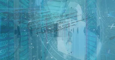 Translucent padlock floating in server rack corridor, with binary code overlays 写真素材