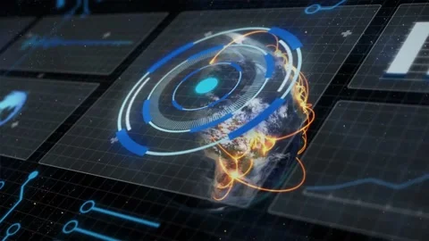 Translucent panel revealing 3D globe, HUD rings rotating and orange arcs tracing Stock Footage 331198052
