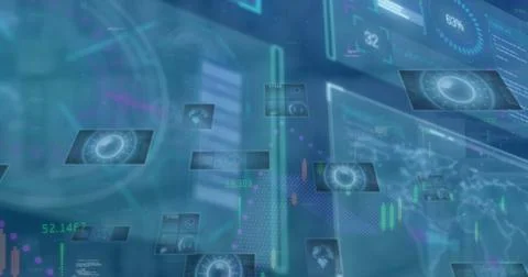 Translucent panels displaying charts, readouts and binary code in workspace, 写真素材