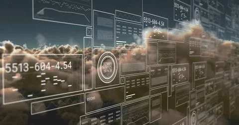Translucent panels floating above cloudscape; graphs and charts glow against Photos