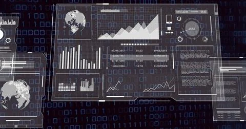 Translucent panels floating in console with bar and line charts, gauge, code on Illustrazione stock