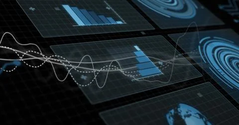 Translucent panels hovering above grid showing blue bars, waveforms, radial Stock Illustration