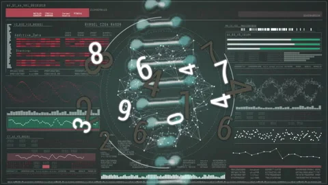 Translucent panels starting turquoise node strand white numerals orbiting 스톡 동영상 310325569