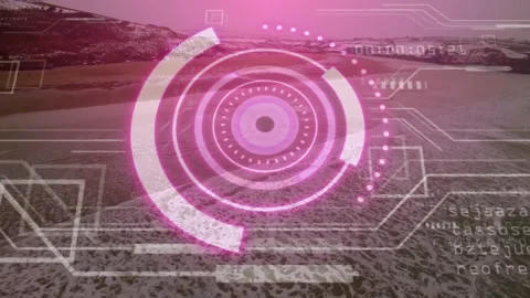 Translucent pink HUD lighting rings, sweeping arcs, animating scrolling data for Stock Footage 330740987