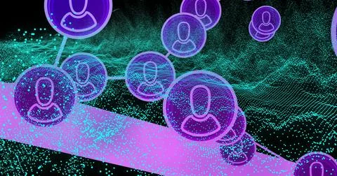 Translucent purple sphere with user silhouette floating in 3D network, with Illustrazione stock