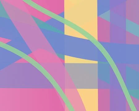 Translucent rectangles, diagonal planes, and sweeping green arcs overlap in.. Stockillustratie