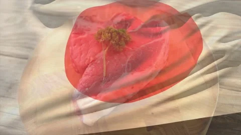 Translucent red circle entering top, drifting, morphing and settling over steak, Stock Footage 329505501