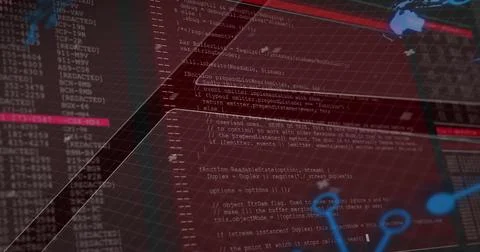 Translucent red code panel executing JavaScript on dashboard, with 3D grid logs Stock Photos