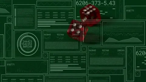 Translucent red dice entering top-right, tumbling across data dash, showing Stock Footage 330893463