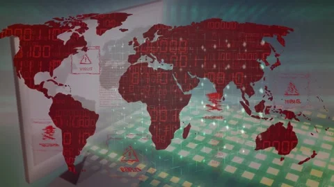 Translucent red map on malware showing alerts popping grid pulsing streaks Stock Footage 334881735