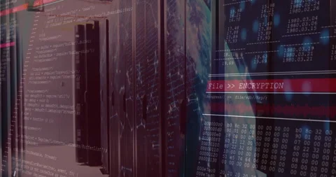 Translucent red overlay tinting corridor initiating encryption code scrolling on Stock Footage 312898398
