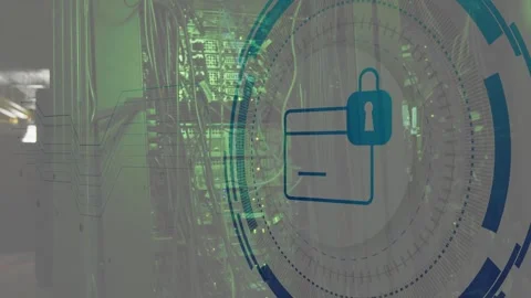 Translucent security HUD fading in over server rack expanding and rotating Stock Footage 332613828