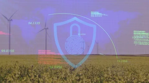Translucent shield fading in, pulsing, refreshing padlock print metrics while Stock Footage 332523177