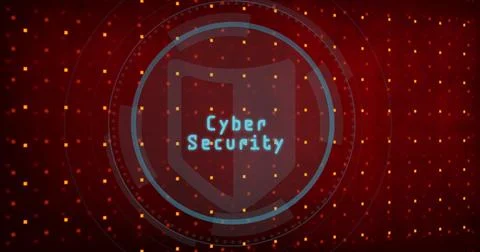 Translucent shield icon showing Cyber Security text in dashboard, with glowing Stock Photos