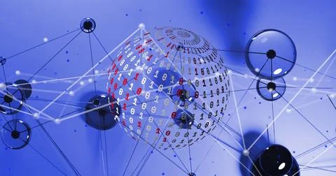 Translucent sphere holding binary digits, white lines linking black nodes on Stock Photos