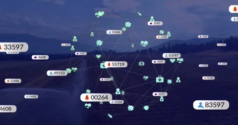Translucent spherical network appearing at dusk, popping badges, pulsing nodes, Stock Footage 331736627