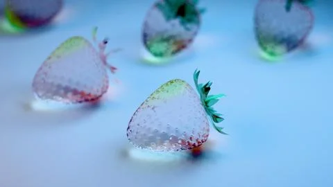 Translucent strawberries on blue surface with neon reflections and soft blu.. Stock Illustration