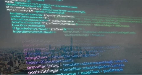 Translucent surface projecting tech code over harbor skyline, scrolling, Stock Footage 330237145