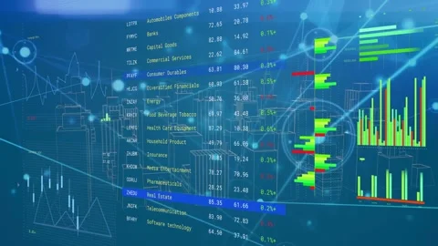 Translucent table appearing, blue bar moving down list, charts updating, showing Stock Footage 333704792