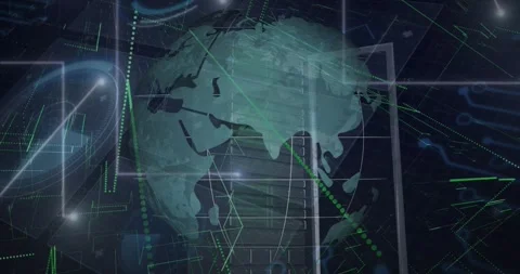 Translucent teal globe appearing and rotating initiating tech UI with green dots Stock Footage 331062826