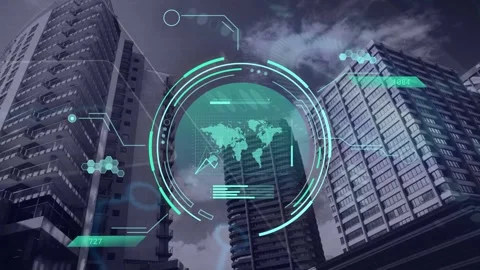 Translucent teal UI appearing over skyline drawing map and chart across pulsing Stock Footage 334202672