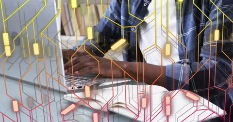 Translucent tech overlay pulsing and fading, man typing code on laptop while Stock Footage 319678657