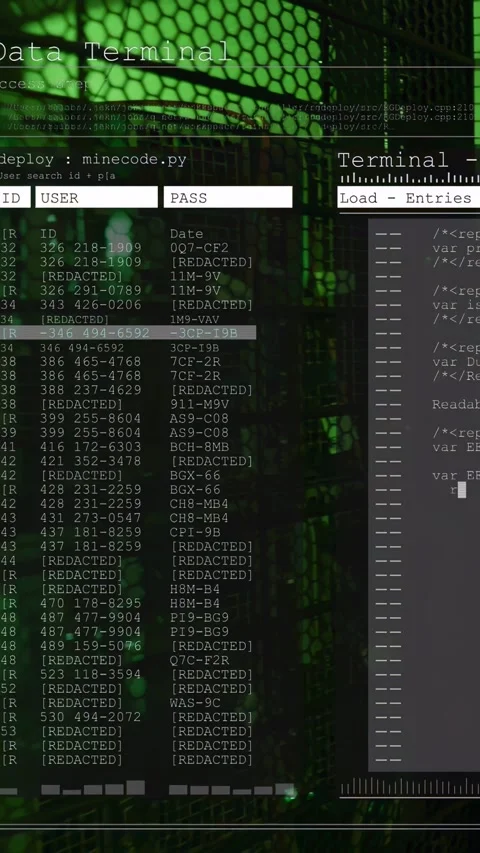 Translucent terminal overlay showing data list and code panel over server rack Stock Footage 332985129
