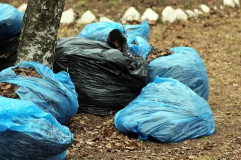 Translucent trash bag pile on the side walk Foto stock