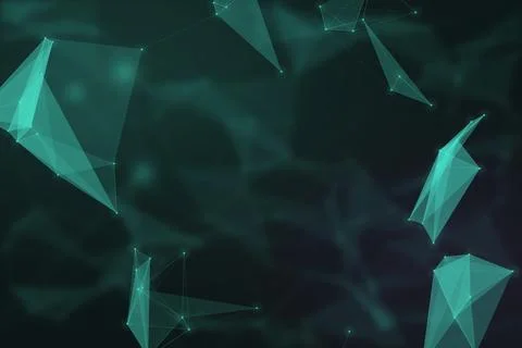 Translucent turquoise geometric shards float over a moody dark background, .. Stock Illustration