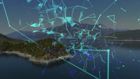 Translucent turquoise mesh appearing over island, connecting triangles, pulsing, Stock Footage 333838040