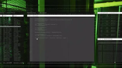 Translucent UI appearing, main terminal filling code and showing passwords for Stock Footage 332867180