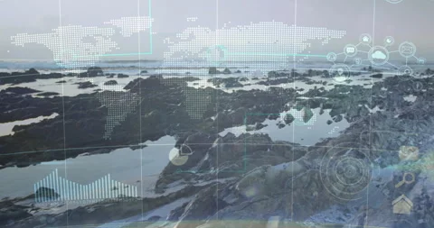 Translucent UI overlay fading over rocky tide pools, pulsing charts and icons Stock Footage 309893829