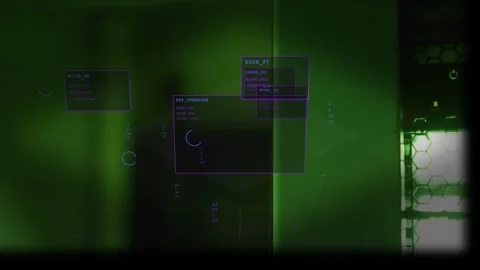 Translucent UI overlays powering up in tech bay, circular progress rotating, Stock Footage 332522423