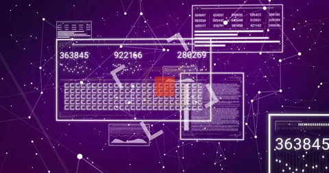 Translucent UI panel floating over purple network, showing numeric readouts, Vidéo 307461094