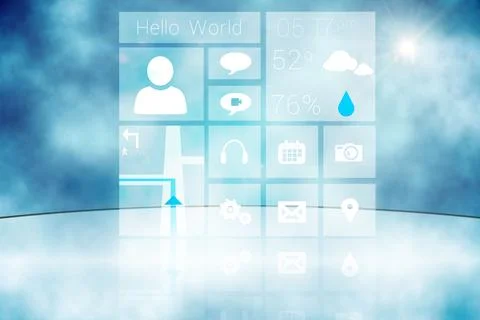 Translucent UI panels are floating above glass floor with icons and text against Illustrazione stock