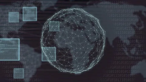 Translucent UI panels sliding in from left, highlighting rotating wireframe Stock Footage 334743893