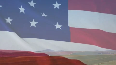 Translucent US flag overlaying rural fields, frame start causing stars and Stock Footage 333485526
