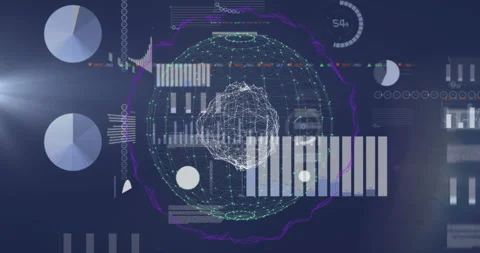 Translucent wireframe 3D sphere being visualized on data dashboard, showing Video stock 307453880