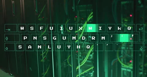 Translucent wireframe keyboard fading into data center bay pulsing keys in 스톡 동영상 310325262