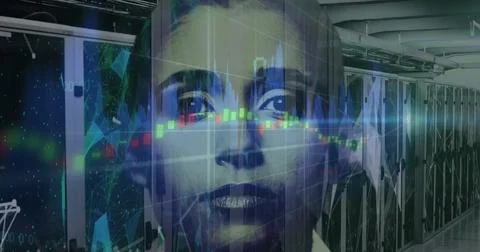 Translucent woman's face merging with server racks in data center aisle, with Stock Photos