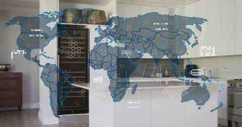Translucent world map appearing in frame two and overlaying island and Stock Footage 328366205