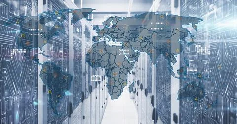 Translucent world map floating across data center corridor, with network nodes Stock Photos