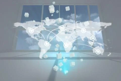 Translucent world map network is appearing in 3D render with glass window, Stock Photos