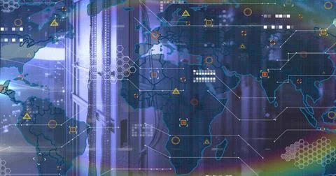 Translucent world map overlay floating in data center, with server racks, hex Illustrazione stock