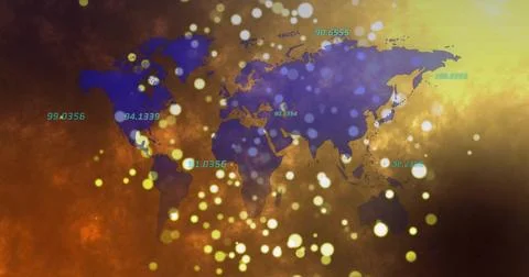 Translucent world map showing data on textured amber background, with glowing Stock Photos
