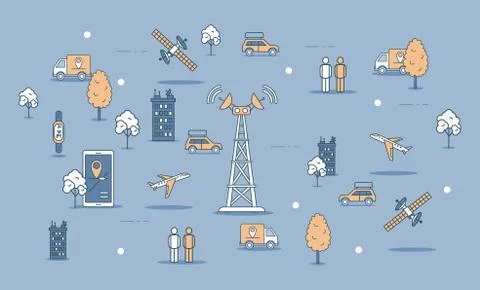 Transmission cellular tower or mobile communications tower, devices, transport Stock Illustration