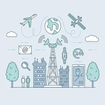 Transmission cellular tower or mobile communications tower on city landscape. Stock Illustration