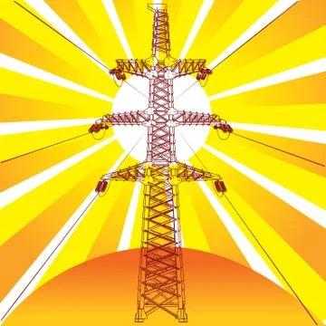 Transmission line with sun rays on background, vector illustration Stock Illustration